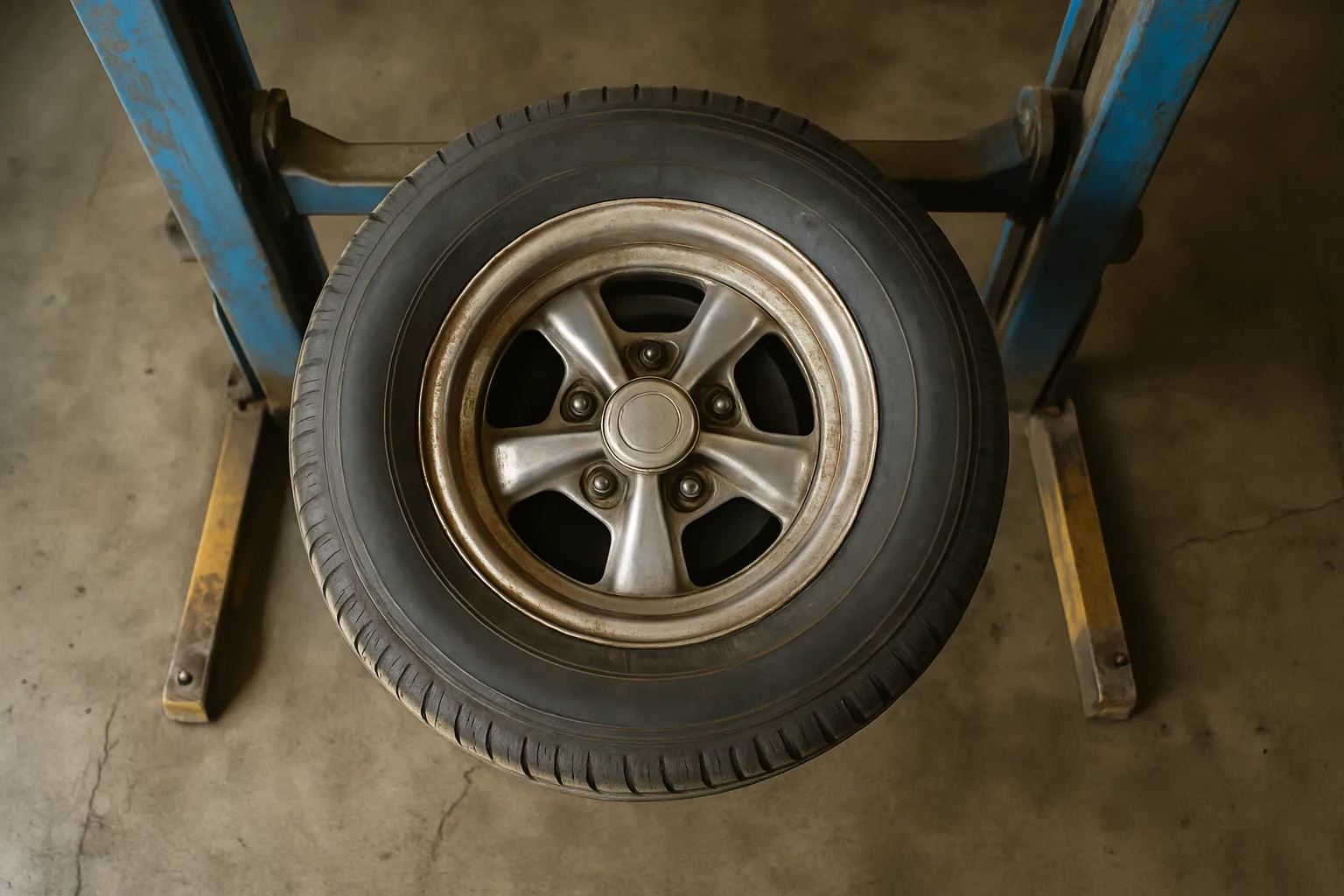 Tire and wheel assembly elevated on a hydraulic lift