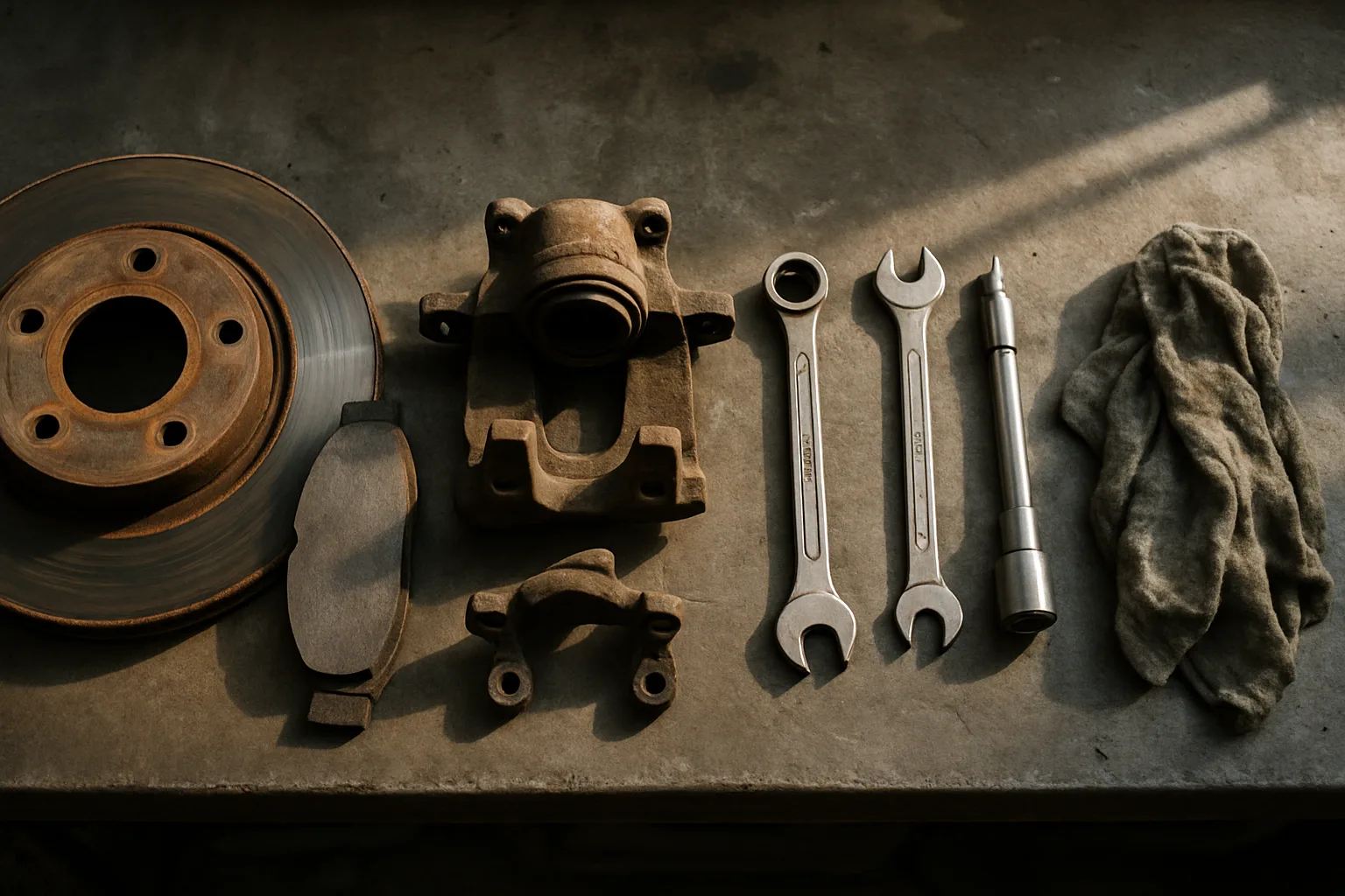 Brake system components arranged on a repair workbench